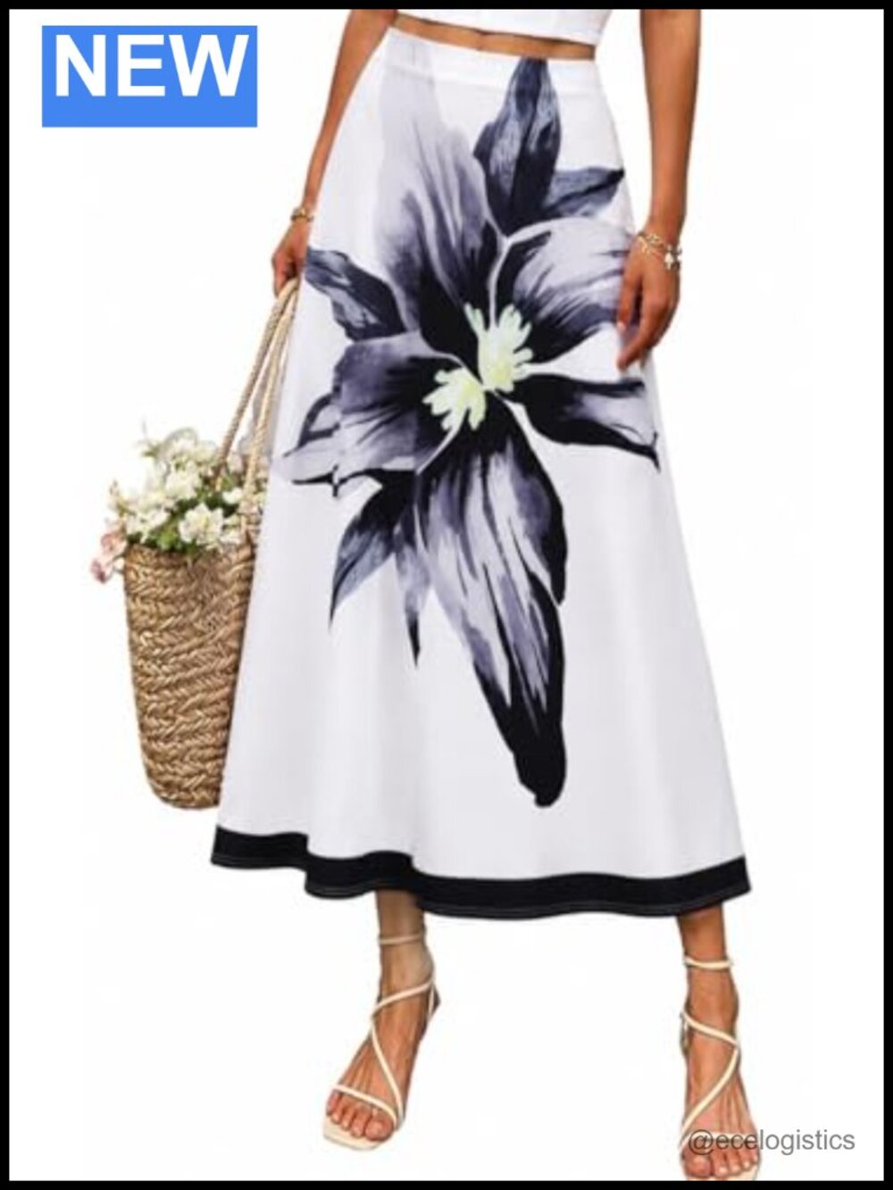 Women's Floral Midi Skirt High Waisted Elastic Waist Flowy Summer Casual